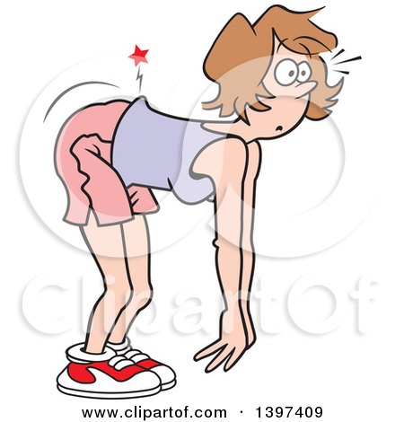 Clipart of a Cartoon Caucasian Woman in Exercise Clothes, Bending over with an Aching Back - Royalty Free Vector Illustration by Johnny Sajem