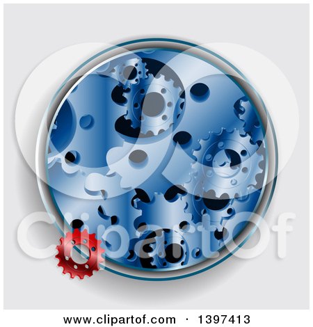 Clipart of a Circle with Red and Blue Metal Gears, on a Shaded White Background - Royalty Free Vector Illustration by elaineitalia