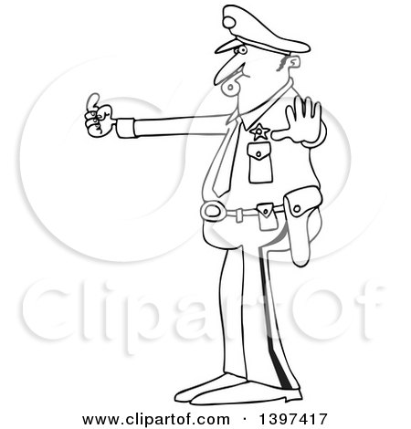 Clipart of a Cartoon Black and White Lineart Male Police Officer Blowing a Whistle and Directing Traffic - Royalty Free Vector Illustration by djart