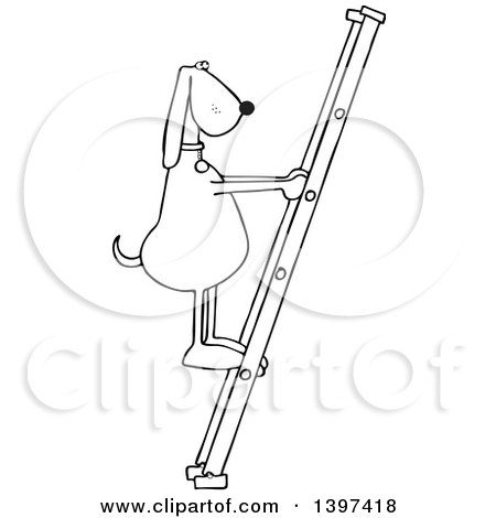 Clipart of a Cartoon Black and White Lineart Dog Climbing a Ladder - Royalty Free Vector Illustration by djart