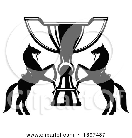 Clipart of Black and White Silhouetted Rearing Horses over a Giant Trophy - Royalty Free Vector Illustration by Vector Tradition SM