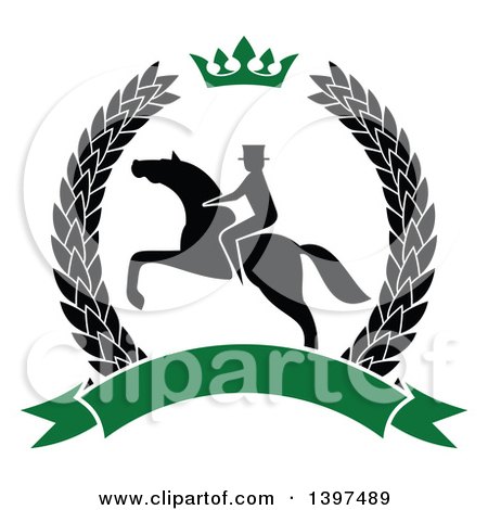 Clipart of a Black Silhouetted Rider on a Rearing Horse Inside a Wreath with a Crown and Banner - Royalty Free Vector Illustration by Vector Tradition SM