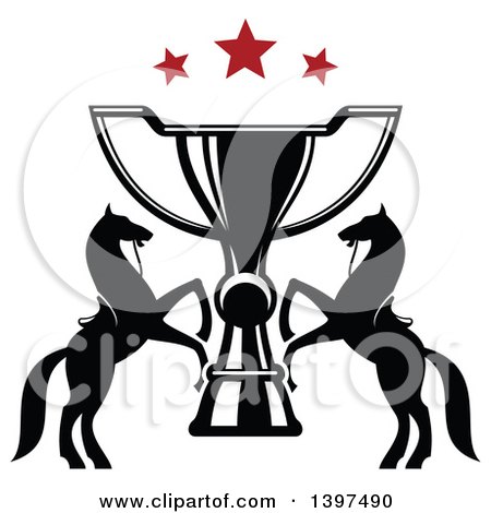 Clipart of Black and White Silhouetted Rearing Horses over a Giant Trophy, with Red Stars - Royalty Free Vector Illustration by Vector Tradition SM