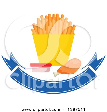 Clipart of a Chicken Drumstick and French Fries with a Side of Ketchup over a Blank Blue Banner - Royalty Free Vector Illustration by Vector Tradition SM