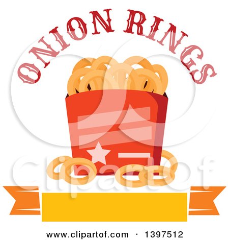 Clipart of a Container of Onion Rings and Text over a Blank Banner - Royalty Free Vector Illustration by Vector Tradition SM