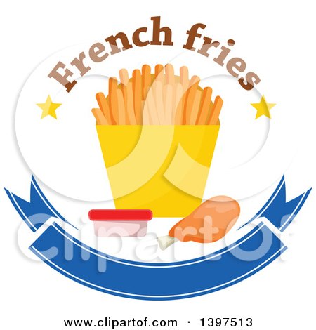 Clipart of a Chicken Drumstick and French Fries with Text, a Side of Ketchup over a Blank Blue Banner - Royalty Free Vector Illustration by Vector Tradition SM