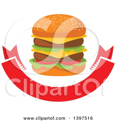 Clipart of a Double Cheeseburger over a Blank Banner - Royalty Free Vector Illustration by Vector Tradition SM
