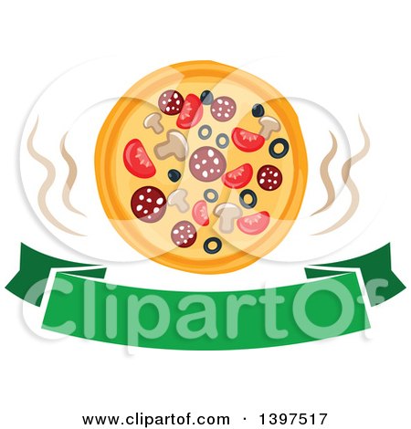 Clipart of a Hot Pizza over a Green Banner - Royalty Free Vector Illustration by Vector Tradition SM