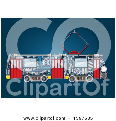 Clipart of a Trolley with Visible Mechanical Parts, on Blue - Royalty Free Vector Illustration by Vector Tradition SM