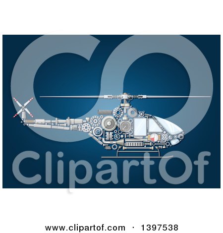 Clipart of a Helicopter with Visible Mechanical Parts, on Blue - Royalty Free Vector Illustration by Vector Tradition SM