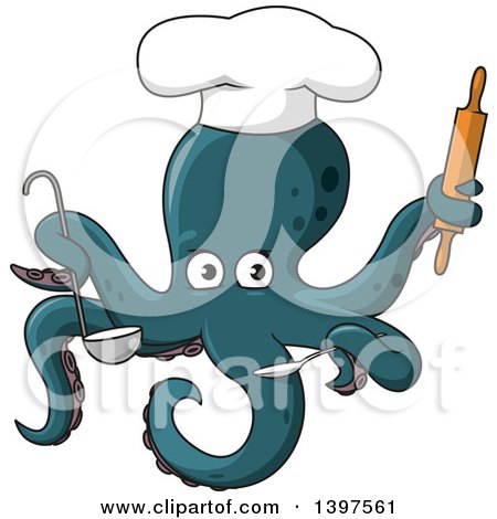 Clipart of a Chef Octopus Holding Kitchen Utensils - Royalty Free Vector Illustration by Vector Tradition SM