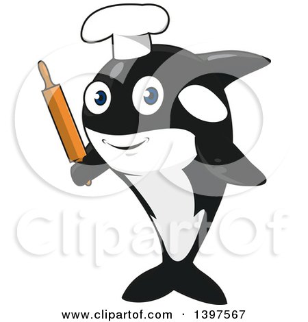 Clipart of a Baker Chef Killer Whale Orca Holding a Rolling Pin - Royalty Free Vector Illustration by Vector Tradition SM