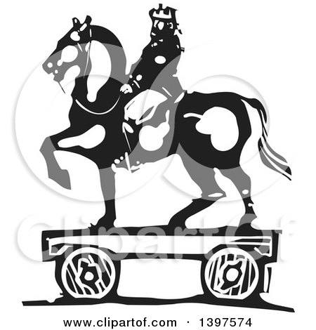 Clipart of a Black and White Woodcut Horseback King Toy - Royalty Free Vector Illustration by xunantunich