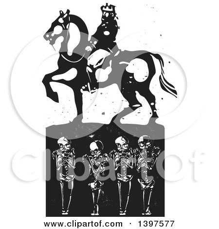 Clipart of a Black and White Woodcut Horseback King over Graves - Royalty Free Vector Illustration by xunantunich