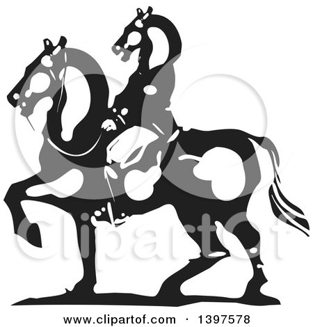 Clipart of a Black and White Woodcut Mounted Horse Headed Man - Royalty Free Vector Illustration by xunantunich