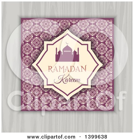 Clipart of a Ramadan Kareem Background with a Silhouetted Mosque over Floral and Wood - Royalty Free Vector Illustration by KJ Pargeter