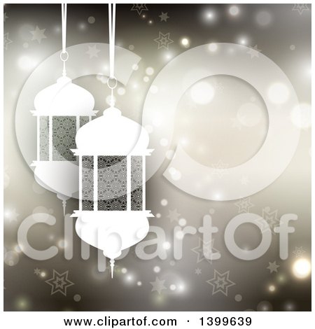 Clipart of a Ramadan Kareem Background with a Lanterns over Flares and Stars - Royalty Free Vector Illustration by KJ Pargeter