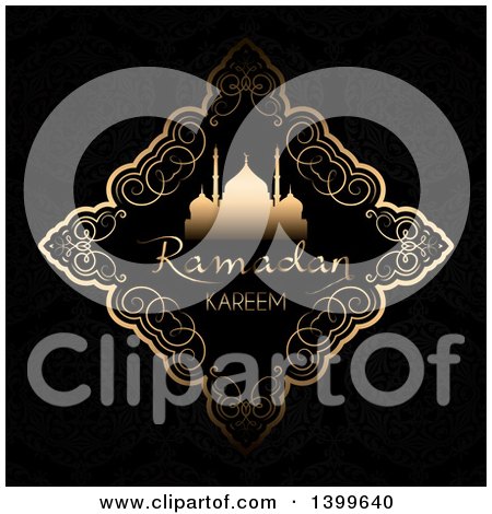 Clipart of a Ramadan Kareem Background with a Silhouetted Mosque in a Gold Frame on Black - Royalty Free Vector Illustration by KJ Pargeter