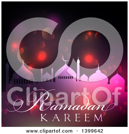 Clipart of a Ramadan Kareem Background with a Silhouetted Mosque over Flares - Royalty Free Vector Illustration by KJ Pargeter