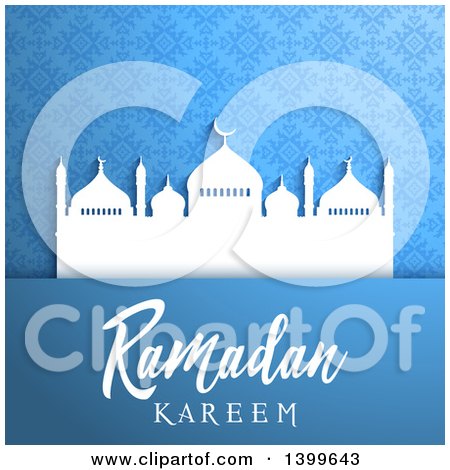 Clipart of a Ramadan Kareem Background with a Silhouetted Mosque over Blue - Royalty Free Vector Illustration by KJ Pargeter