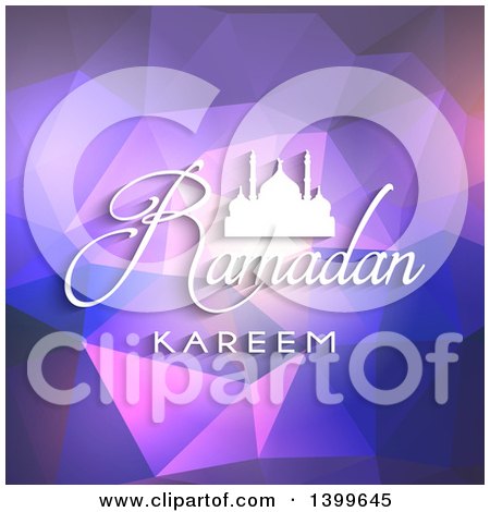 Clipart of a Ramadan Kareem Background with a Silhouetted Mosque over a Purple Geometric Pattern - Royalty Free Vector Illustration by KJ Pargeter
