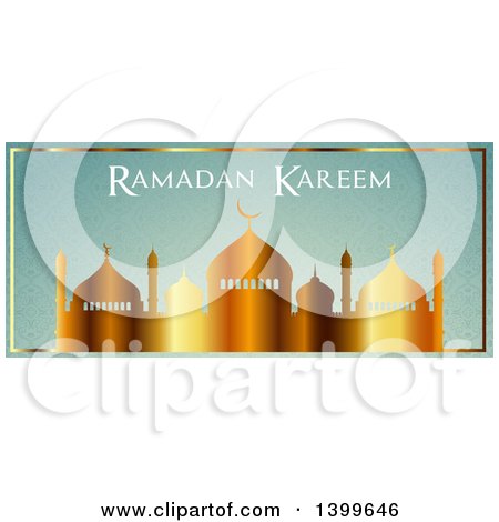 Clipart of a Ramadan Kareem Background with a Gradient Gold Silhouetted Mosque on Green - Royalty Free Vector Illustration by KJ Pargeter