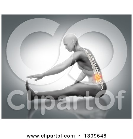 Clipart of a 3d Anatomical Man Stretching on the Floor, Reaching for His Toes, with Visible Spine and Glowing Pain, on Gray - Royalty Free Illustration by KJ Pargeter