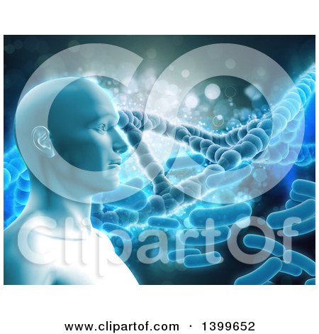 Clipart of a 3d Male Human Head over Bacteria and Dna Strands - Royalty Free Illustration by KJ Pargeter