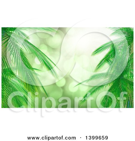Clipart of a Background of 3d Palm Branches and Sun Flares - Royalty Free Illustration by KJ Pargeter