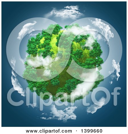 Clipart of a 3d Planet with Trees over Blue Sky with Clouds - Royalty Free Illustration by KJ Pargeter