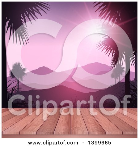 Clipart of a 3d Wood Deck with a View of Mountains and Palm Trees - Royalty Free Vector Illustration by KJ Pargeter