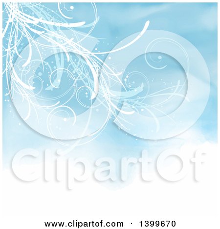 Clipart of a Background of White Vines over Blue Watercolor - Royalty Free Vector Illustration by KJ Pargeter