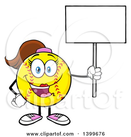 Clipart of a Cartoon Female Softball Character Mascot Holding up a Blank Sign - Royalty Free Vector Illustration by Hit Toon