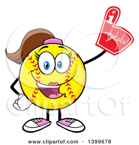 Clipart of a Cartoon Female Softball Character Mascot Wearing a Foam Finger - Royalty Free Vector Illustration by Hit Toon