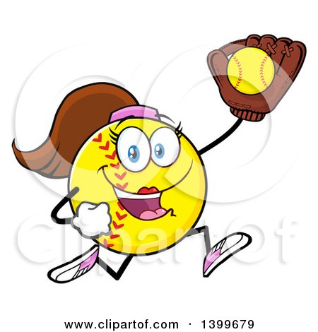 Clipart of a Cartoon Female Softball Character Mascot Running with a Ball in a Glove - Royalty Free Vector Illustration by Hit Toon