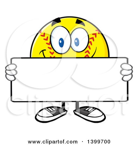 Clipart of a Cartoon Male Softball Character Mascot Holding a Blank Sign - Royalty Free Vector Illustration by Hit Toon
