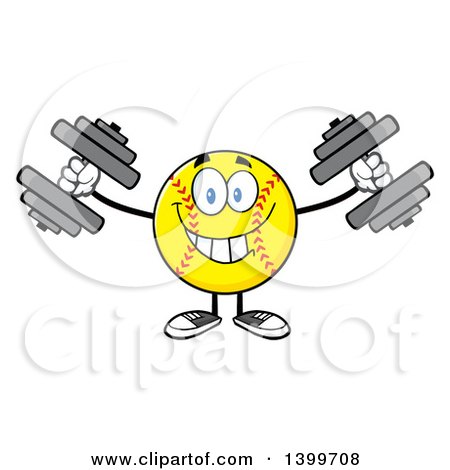 Clipart of a Cartoon Male Softball Character Mascot Working out with Dumbbells - Royalty Free Vector Illustration by Hit Toon