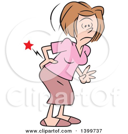 Clipart of a Cartoon Caucasian Business Woman Bending over with an Aching Back - Royalty Free Vector Illustration by Johnny Sajem