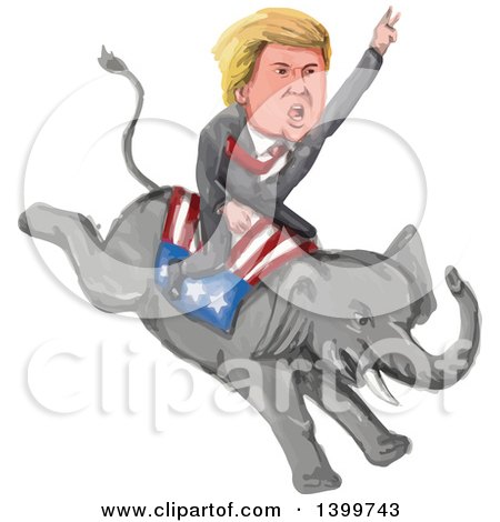 Clipart of a Watercolor Caricature of Donald Trump Riding a Republican Elephant - Royalty Free Vector Illustration by patrimonio