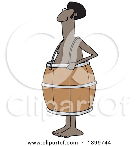 Clipart of a Cartoon Poor Nude Black Man Wearing a Barrel - Royalty Free Vector Illustration by djart