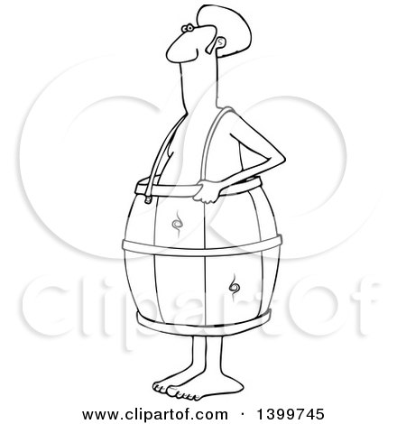 Clipart of a Cartoon Lineart Poor Nude Black Man Wearing a Barrel - Royalty Free Vector Illustration by djart