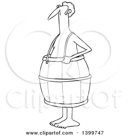 Clipart of a Cartoon Lineart Poor Nude White Man Wearing a Barrel - Royalty Free Vector Illustration by djart