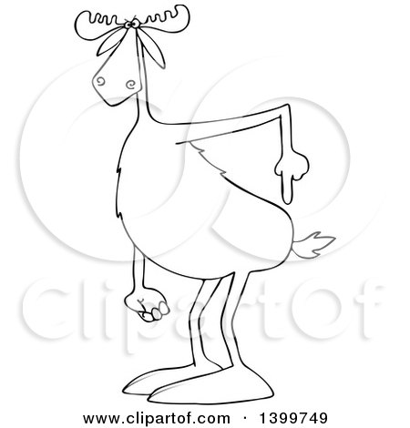 Clipart of a Cartoon Black and White Lineart Moose Pointing to His Butt - Royalty Free Vector Illustration by djart