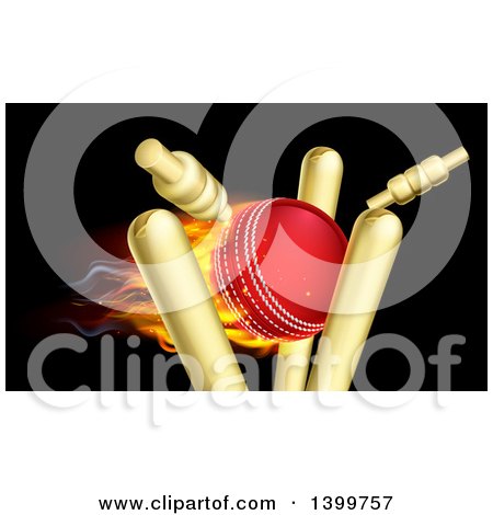 Clipart of a Cricket Ball Breaking Wicket Stumps on Black - Royalty Free Vector Illustration by AtStockIllustration