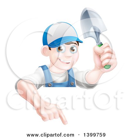 Clipart of a Happy Young Brunette White Male Gardener in Blue, Pointing down over a Sign and Holding a Shovel - Royalty Free Vector Illustration by AtStockIllustration