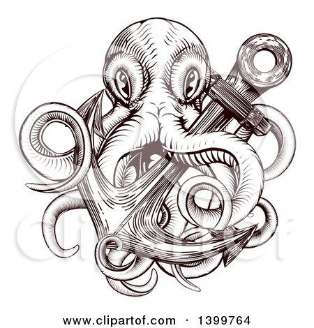 Clipart of a Brown Woodblock Octopus and Anchor - Royalty Free Vector Illustration by AtStockIllustration