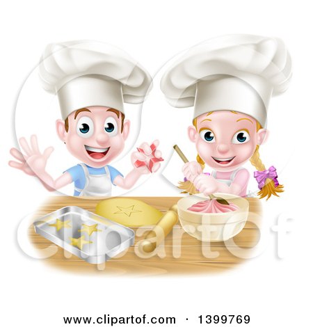 Clipart of a Cartoon Happy White Girl and Boy Wearing Toque Hats, Making Pink Frosting and Star Shaped Cookies - Royalty Free Vector Illustration by AtStockIllustration