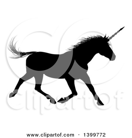 Clipart of a Black Silhouetted Unicorn Horse Running to the Right - Royalty Free Vector Illustration by AtStockIllustration