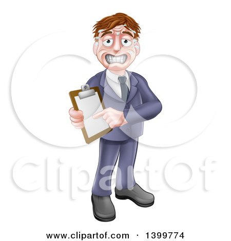 Clipart of a Cartoon Stressed Sweaty Business or Sales Man Holding and Pointing to a Clipboard - Royalty Free Vector Illustration by AtStockIllustration
