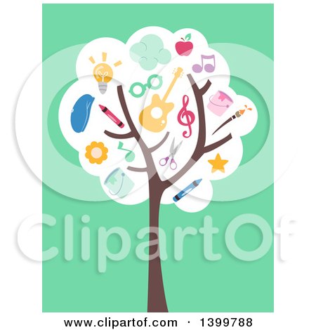 Clipart of a Flat Design Tree with Educational Supplies on Green - Royalty Free Vector Illustration by BNP Design Studio